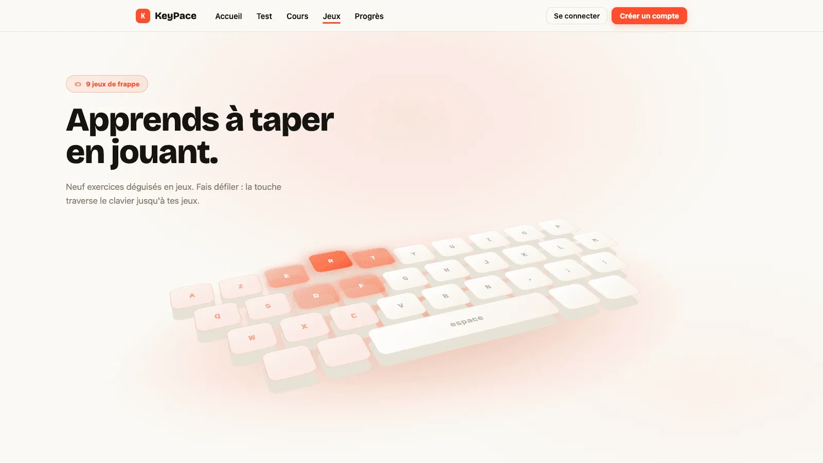 Capture d'écran des jeux de dactylo KeyPace pour s'entraîner à taper vite sur clavier AZERTY