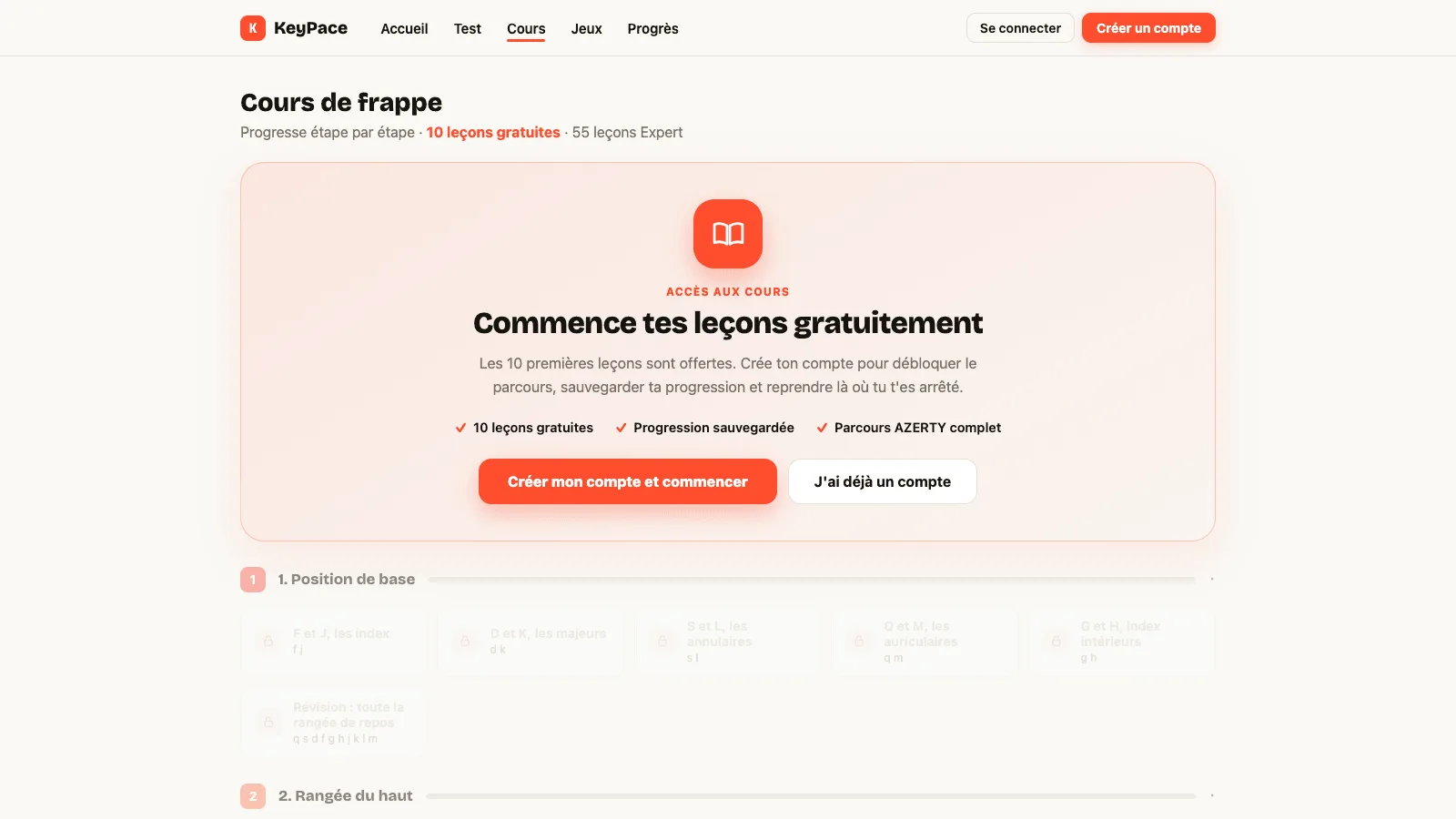 Capture d'écran des cours de dactylographie KeyPace : leçons progressives pour apprendre à taper sur clavier AZERTY