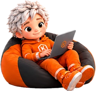 Mascotte KeyPace installée dans un pouf, en train de taper sur un ordinateur portable