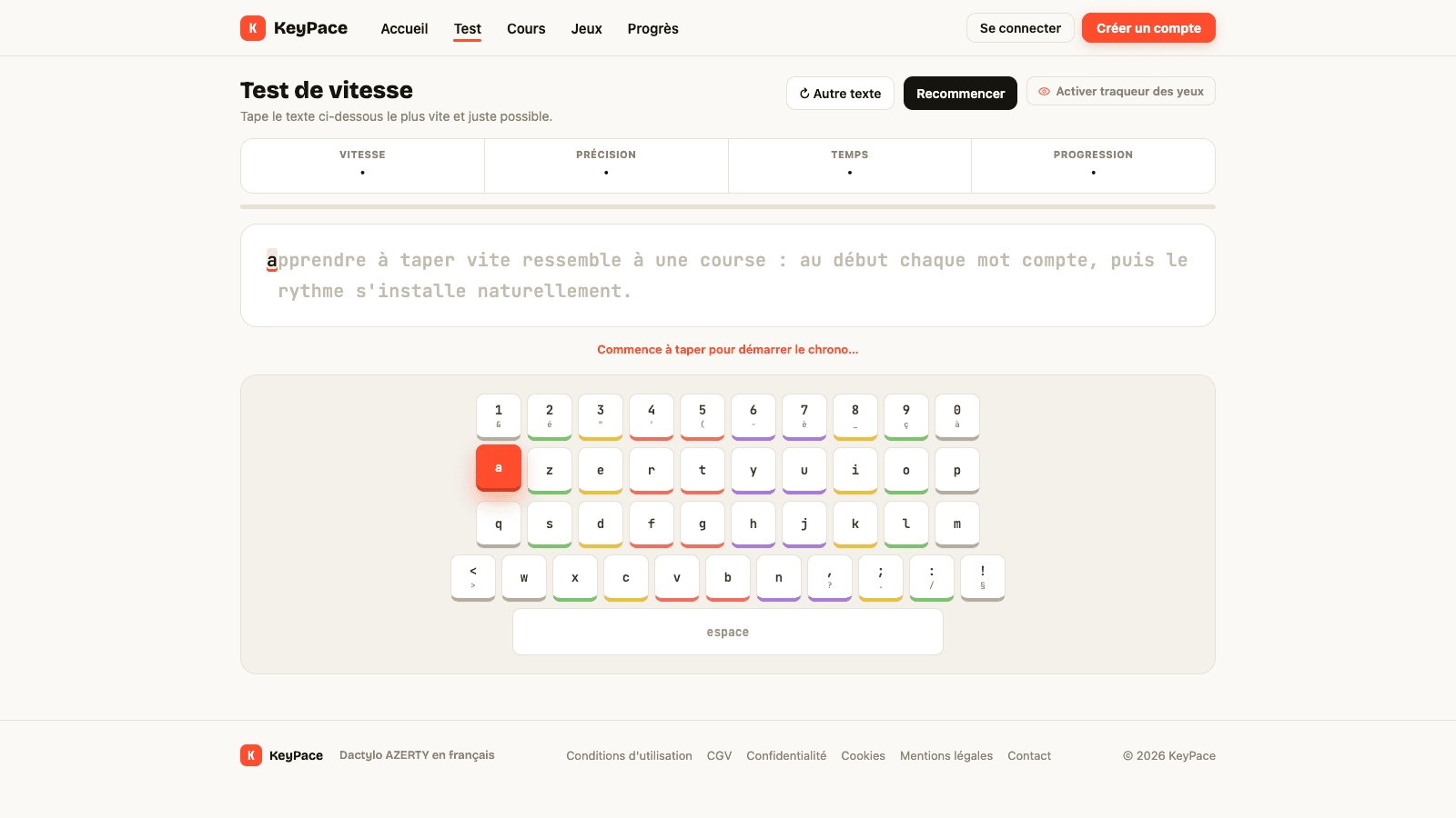 Capture d'écran du test de vitesse de frappe KeyPace, avec mesure des mots par minute et de la précision sur clavier AZERTY